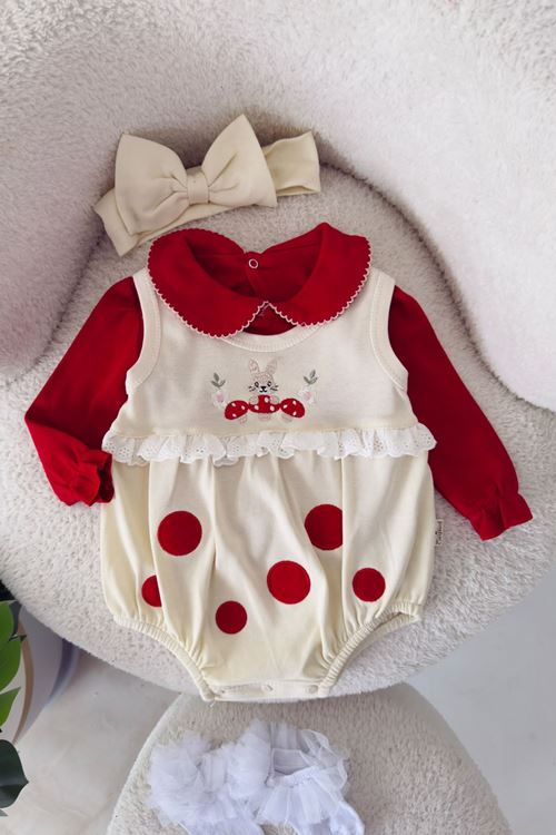 Tavşan İşleme Detaylı Kız Bebek Bandanalı 3 lü Tulum Romper - Krem