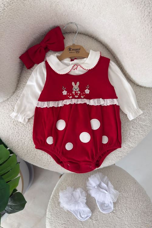 Tavşan İşleme Detaylı Kız Bebek Bandanalı 3 lü Tulum Romper - Kırmızı