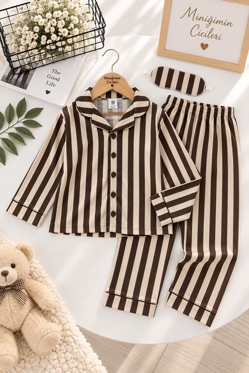 Çubuk Desen Göz Bantlı Erkek Çocuk Mevsimlik Pijama Takımı - Kahve