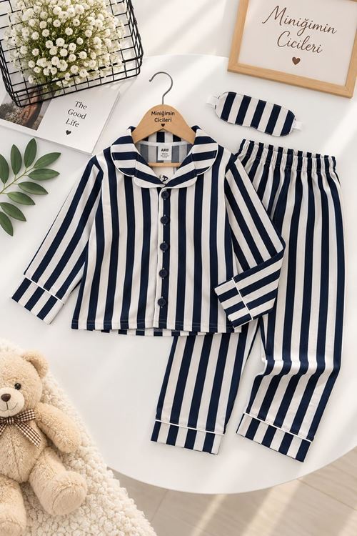 Çubuk Desen Göz Bantlı Erkek Çocuk Mevsimlik Pijama Takımı - Lacivert