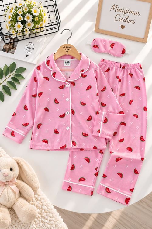 Desenli Göz Bantlı Kız Çocuk Mevsimlik Pijama Takımı - Koyu Pembe