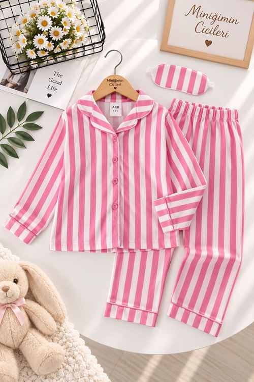 Desenli Göz Bantlı Kız Çocuk Mevsimlik Pijama Takımı - Açık Pembe