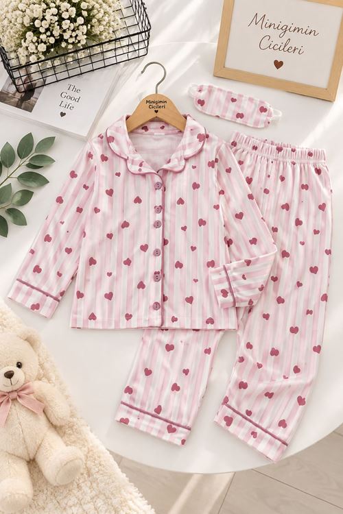 Desenli Göz Bantlı Kız Çocuk Mevsimlik Pijama Takımı - Toz Pembe