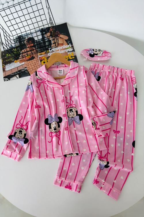 Desenli Göz Bantlı Kız Çocuk Mevsimlik Pijama Takımı - Fuşya