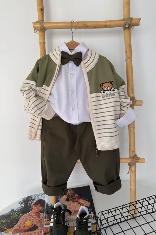 Bear Ayıcık İşleme Detaylı Erkek Çocuk 4 lü Triko Hırkalı Takım - Yeşil