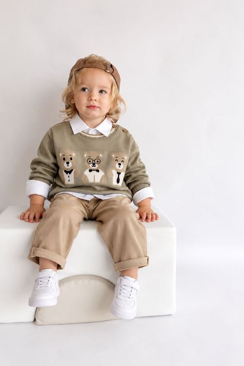 Ayıcık Detaylı Triko Kazaklı Erkek Bebek 3 lü Takım - Yeşil