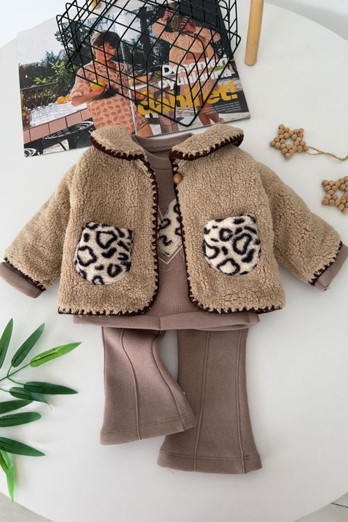 Leopar Cepli Peluş Ceketli Kız Bebek Kışlık 3’lü Takım - Vizon