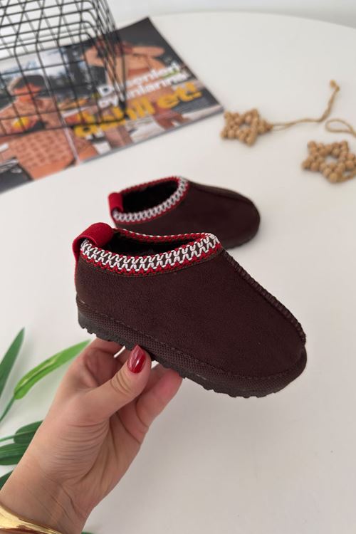 İçi Kürklü Çapraz Örgü Detaylı Süet Unisex Çocuk Botu - Acı Kahve