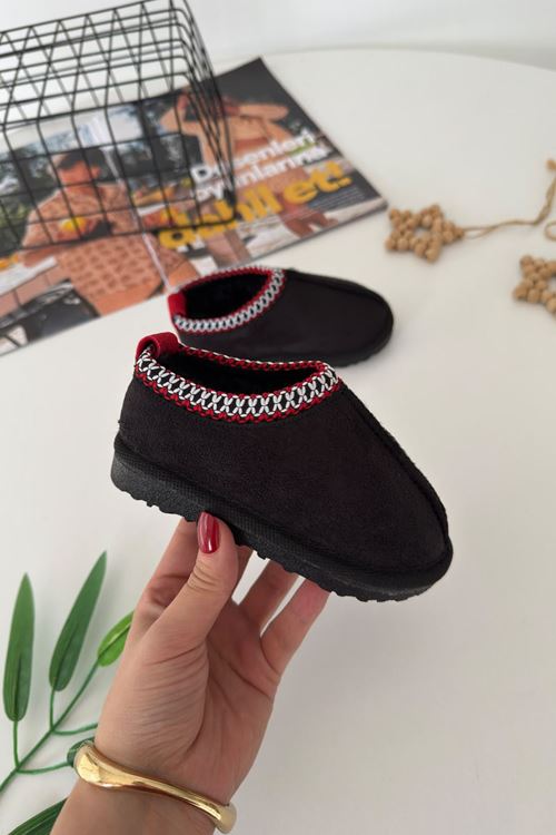İçi Kürklü Çapraz Örgü Detaylı Süet Unisex Çocuk Botu - Siyah
