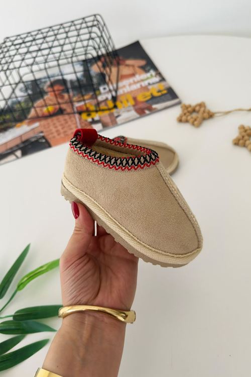 İçi Kürklü Çapraz Örgü Detaylı Süet Unisex Çocuk Botu - Krem