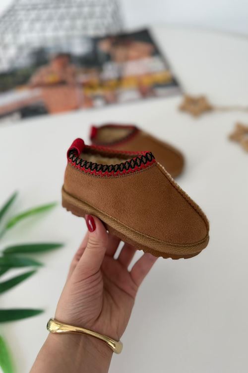 İçi Kürklü Çapraz Örgü Detaylı Süet Unisex Çocuk Botu - Taba