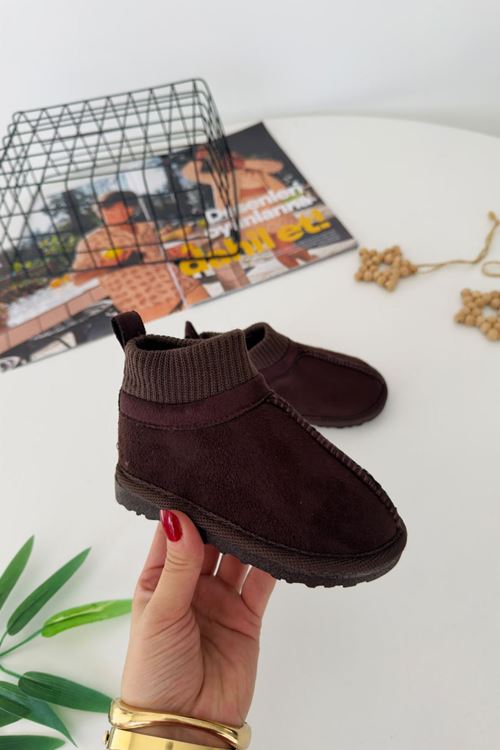 İçi Kürklü Çorap Detaylı Süet Unisex Çocuk Botu - Acı Kahve