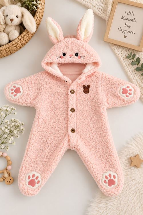 Tavşan Kulaklı Pati Detaylı Peluş Kız Bebek Kozmonot Tulum - Somon
