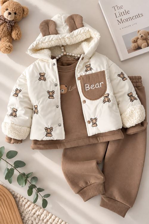 Ayıcık Nakışlı İçi Peluş Şişme Montlu Erkek Bebek 3’lü Takım - Sütlü Kahve