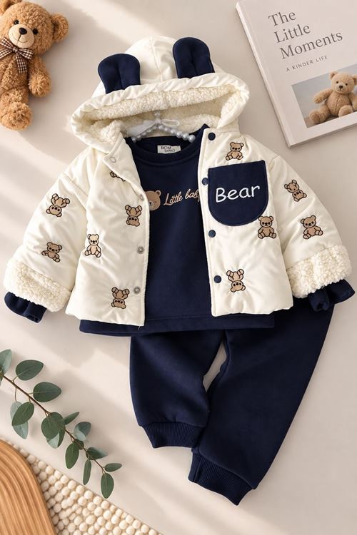 Ayıcık Nakışlı İçi Peluş Şişme Montlu Erkek Bebek 3’lü Takım - Lacivert