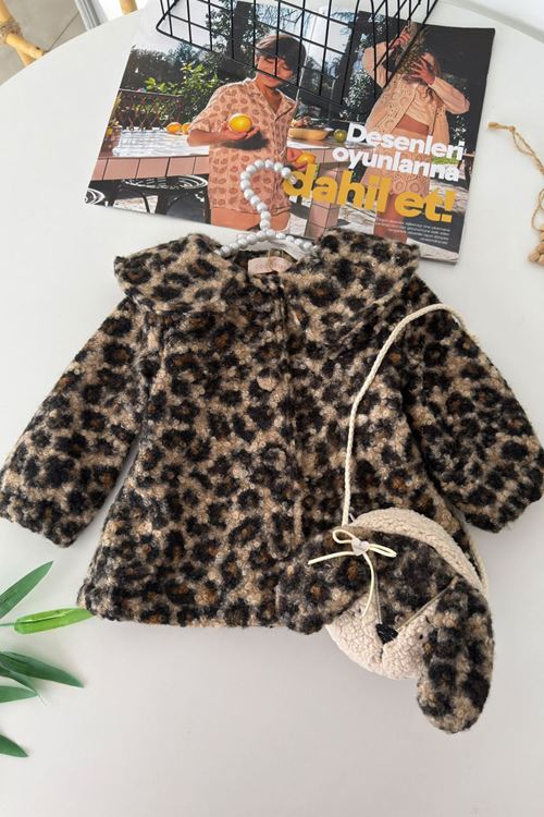 Leopar Desenli Çantalı Kız Bebek Kürk Kışlık Ceket - Leopar