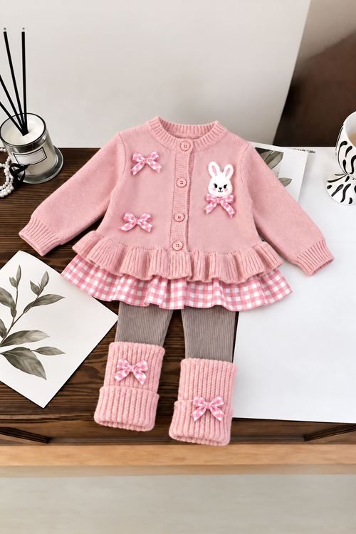 Tavşan Aplikeli Fiyonk Detaylı Triko Kız Çocuk 2li Takım - Pembe