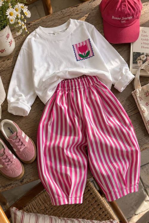 Lale Baskılı Kız Çocuk Balon Pantolonlu 2 li Takım - Pembe