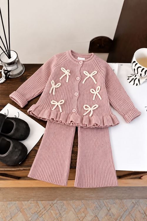 Miniğimin Cicileri Fiyonk Detaylı Fitilli Triko Hırka ve Pantolon 2’li Kız Takımı - Pudra