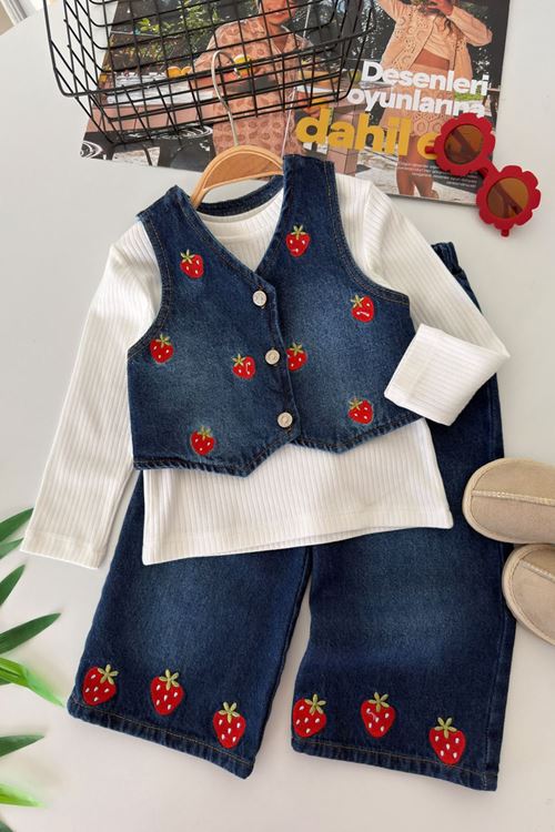 Çilek İşleme Detaylı Kot Yelekli 3 lü Kız Çocuk Takım - Koyu Mavi