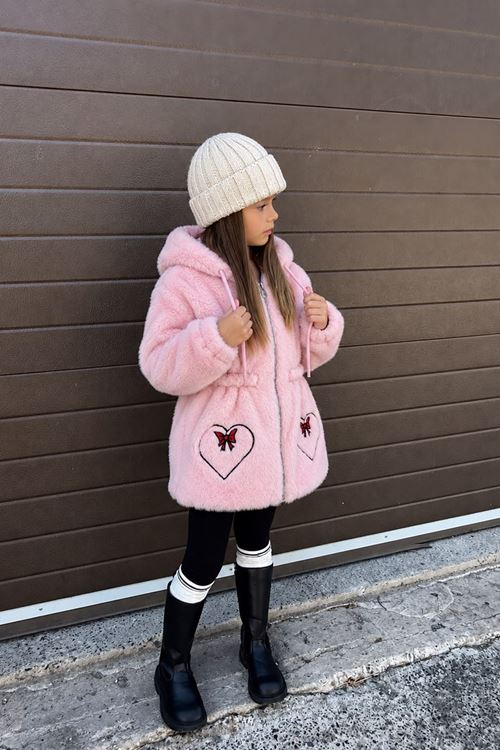 Kalp Fiyonk İşleme Detaylı Kapüşonlu Peluş Kız Çocuk Hırka - Pembe