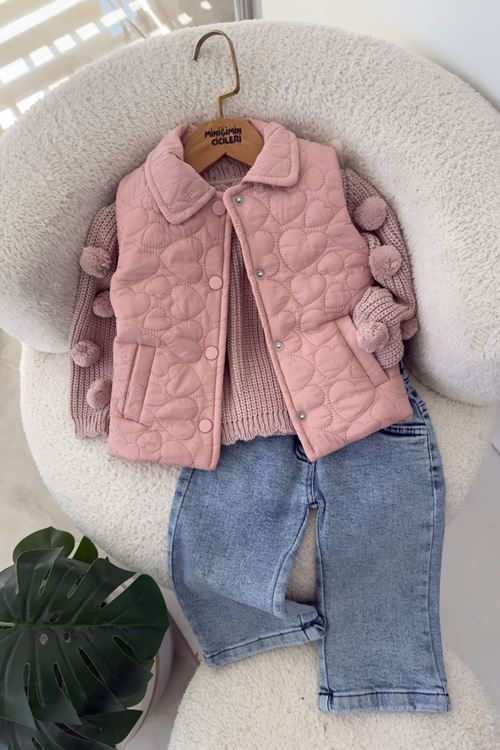 Kalp Desenli Taş Detaylı Kız Bebek Kapitone Montlu Triko ve Kot Pantolon 3’lü Takım - Pudra