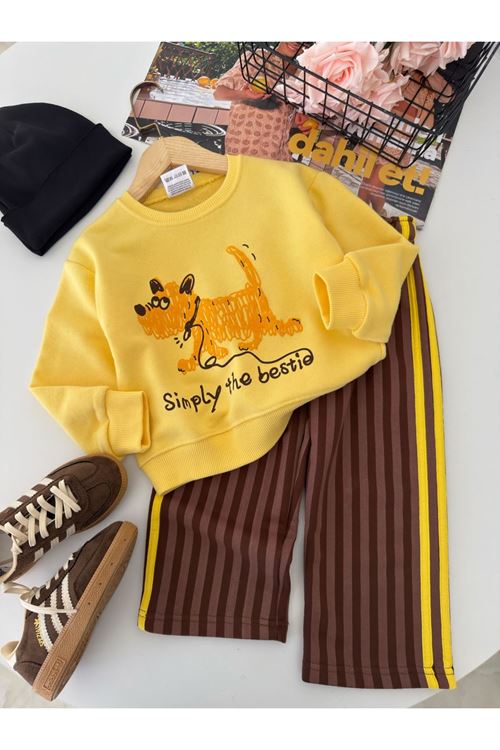 Simply Köpek Baskılı Şerit Detaylı Bol Paça Unisex Çocuk 2’li Takım - Sarı