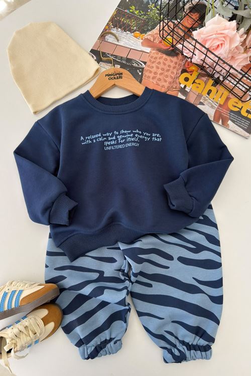 Yazı Baskılı Sweatshirt ve Kamuflaj Desenli Erkek Çocuk 2’li Takım - Mavi