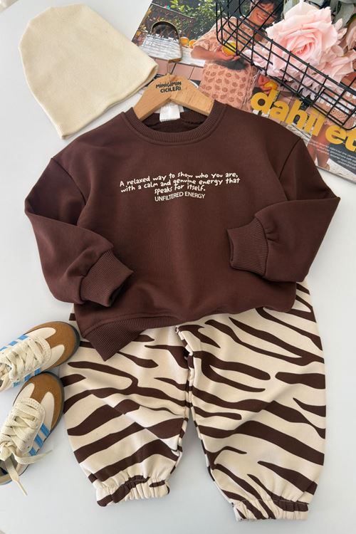 Yazı Baskılı Sweatshirt ve Kamuflaj Desenli Erkek Çocuk 2’li Takım - Kahverengi