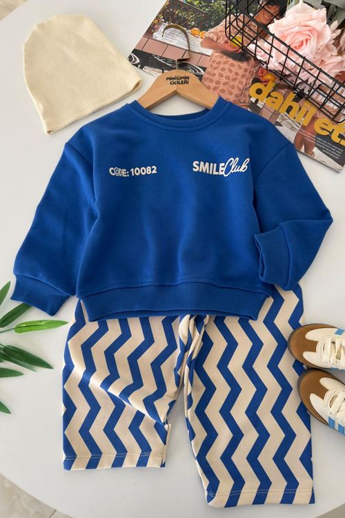 Smile Clup Baskılı Çizgi Desenli Erkek Çocuk 2 li Takım - Mavi