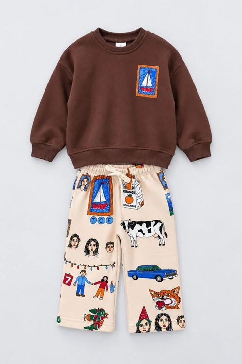 Renkli Çizim Baskılı Sweatshirt ve Pantolon Unisex Çocuk 2’li Takım - Kahverengi