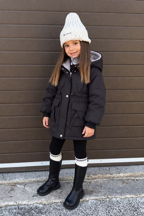 Asimetrik Kesim Unisex Çocuk kışlık Mont - Siyah