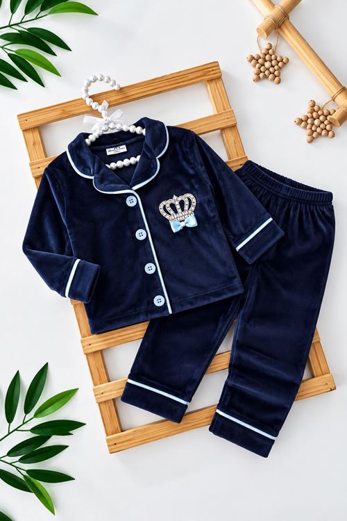 Taç İşleme Detaylı Kadife Erkek Çocuk Pijama Takımı - Lacivert