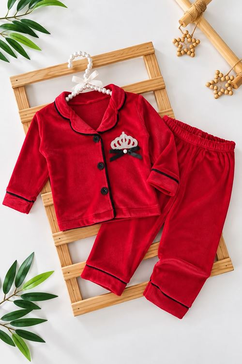 Taç İşleme Detaylı Kadife Kız Çocuk Pijama Takımı - Kırmızı