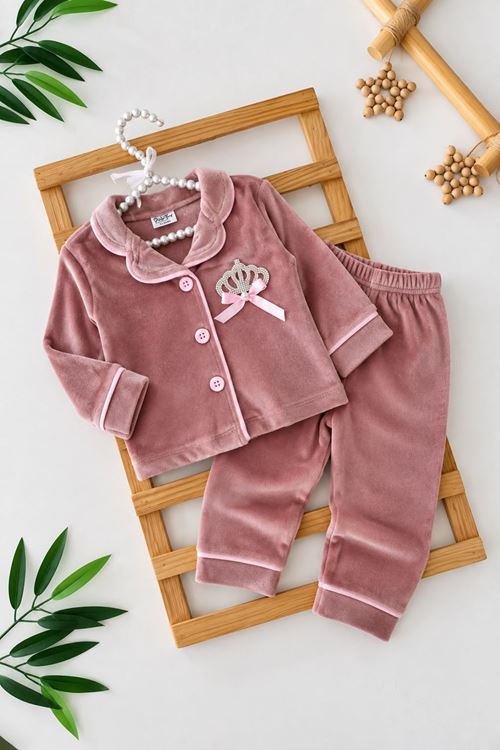 Taç İşleme Detaylı Kadife Kız Çocuk Pijama Takımı - Pudra
