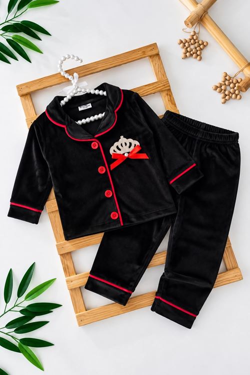 Taç İşleme Detaylı Kadife Kız Çocuk Pijama Takımı - Siyah