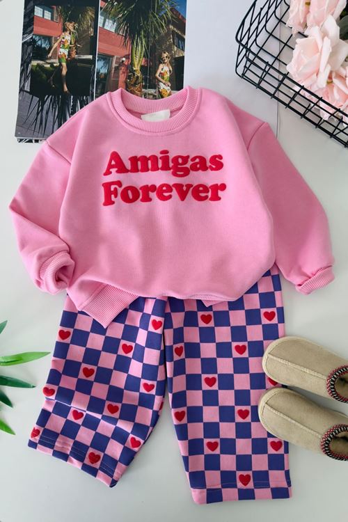Kalp Forever Baskılı Dama Desenli Kız Çocuk 2’li Takım - Pembe