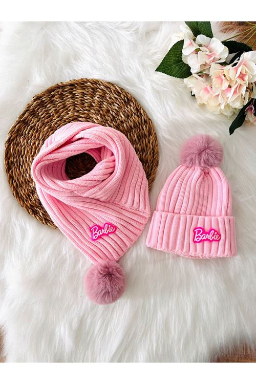 Miniğimin Cicileri Barbie Kız Triko Boyunluk Bere Takımı - Pembe