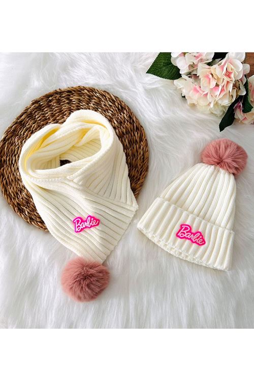Miniğimin Cicileri Barbie Kız Triko Boyunluk Bere Takımı - Krem