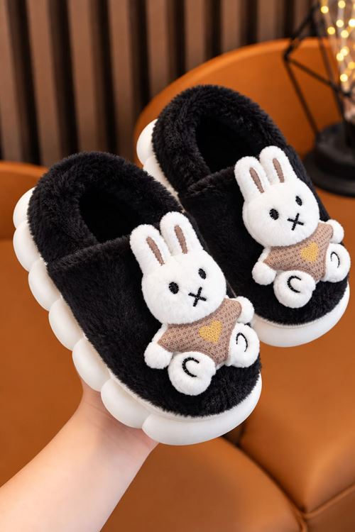 Tavşan Figürlü Kalın Tabanlı Peluş Çocuk Ev Ayakkabısı - Siyah
