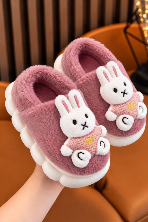 Tavşan Figürlü Kalın Tabanlı Peluş Çocuk Ev Ayakkabısı - Gül Kurusu