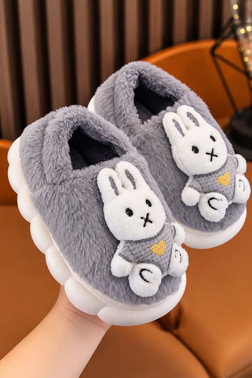Tavşan Figürlü Kalın Tabanlı Peluş Çocuk Ev Ayakkabısı - Gri