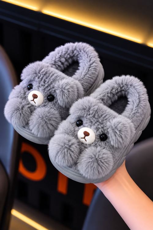 Ayıcık Figürlü Kalın Tabanlı Peluş Çocuk Ev Ayakkabısı - Gri