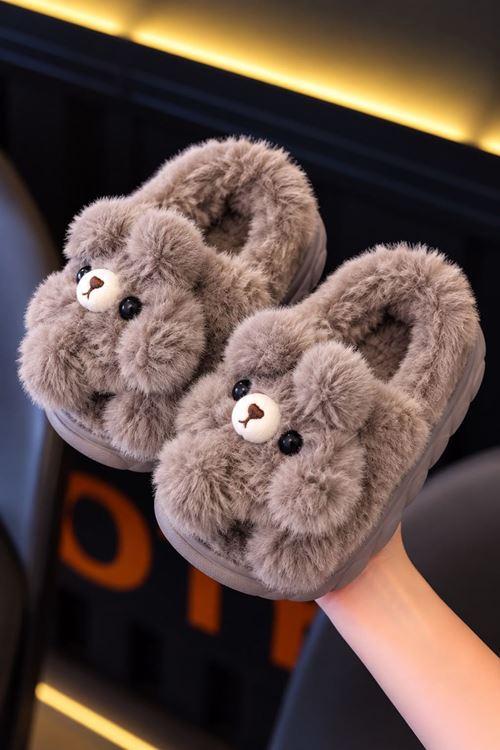 Ayıcık Figürlü Kalın Tabanlı Peluş Çocuk Ev Ayakkabısı - Kahve