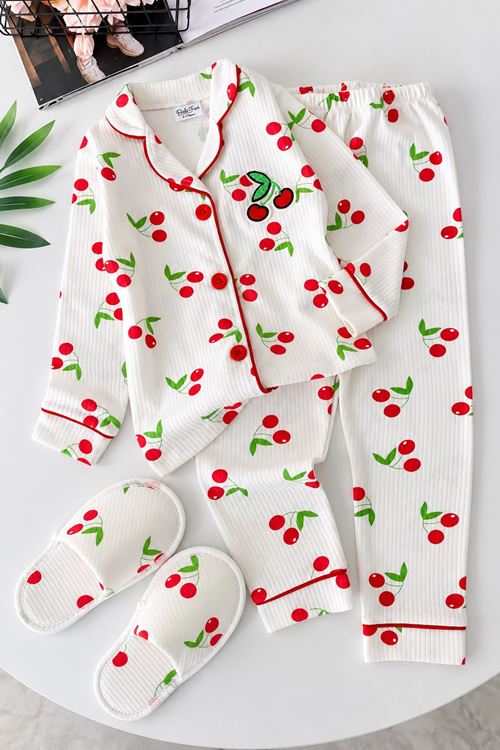 Kiraz Baskılı Terlikli Kız Çocuk 3 lü Pijama Takımı - Beyaz