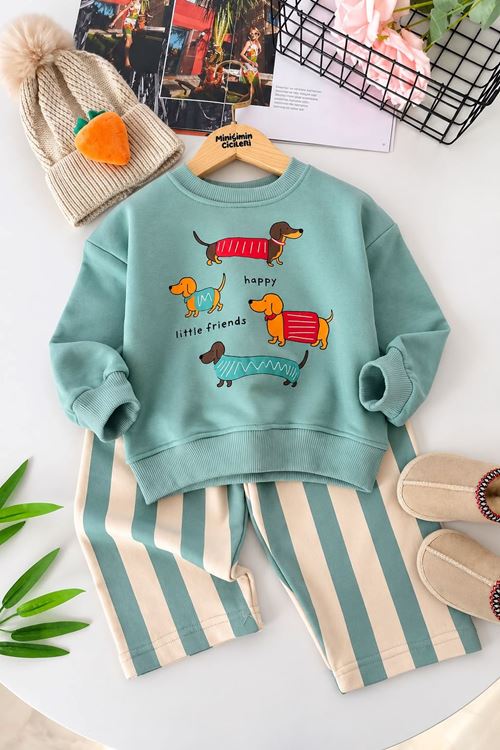 Sevimli Köpek Baskılı Sweatshirt Çizgili Bol Paça Kız Çocuk 2’li Takım - Mint