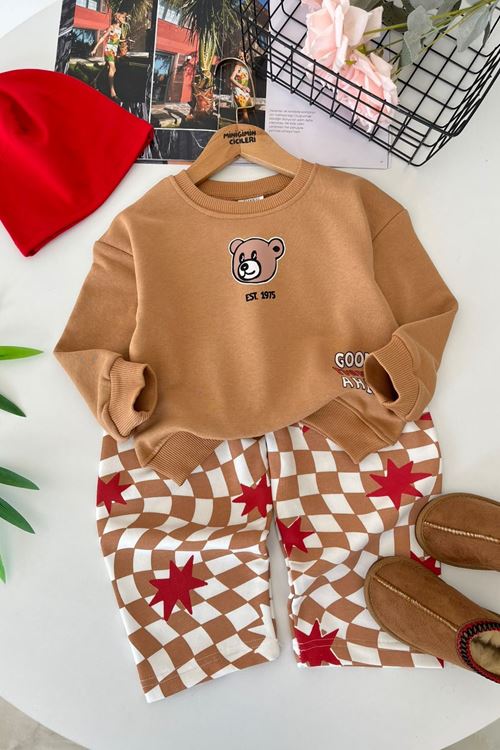 Bear Vibe Dama Detaylı Erkek Çocuk 2 li Takım - Sütlü Kahve
