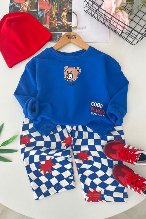 Bear Vibe Dama Detaylı Erkek Çocuk 2 li Takım - Mavi