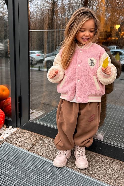 Kolej Model Armalı Peluş Unisex Çocuk Hırka - Pembe