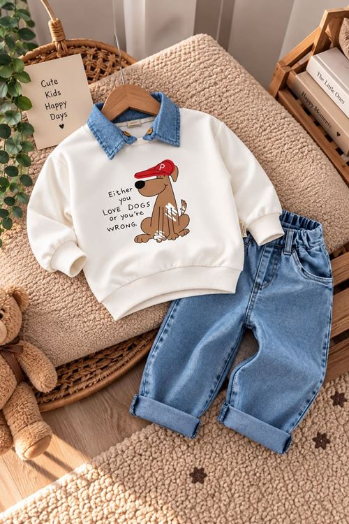 Dogs Çıkarılabilir Yaka Detaylı Erkek Bebek Takım - Ekru